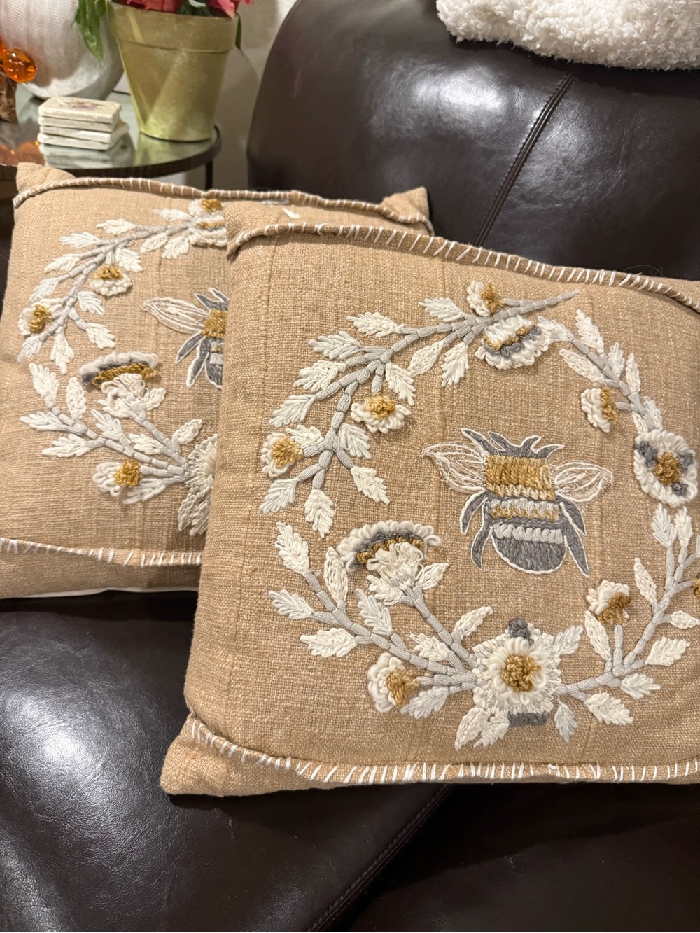 World Market Beige Embroidered Bee & Floral Accent Pillow Pair